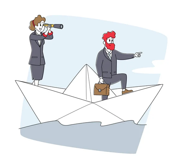 Zakenmensen paardrijden op Zeegolven. Businesspeople Team op papier boot zeilen naar winst. Karakters Drijvend — Stockvector