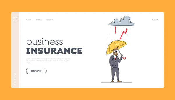 Business Man Protect of Crisis, Safety Landing Page Template. Protección Financiera, Seguridad. Empresario bajo paraguas — Vector de stock