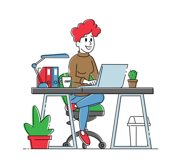 Mosolygós üzletasszony vagy Freelancer Munka Laptop Ülés asztaloknál kupa munka. Szabadúszó vagy irodai foglalkozás — Stock Vector