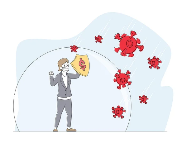 Geschäftsfrau Charakter in Maske hält Schild Schutz vor Covid19 Virus-Zellen stehen unter riesigem Blasenschirm — Stockvektor
