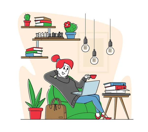 Carattere femminile Rilassante nella zona lounge dell'ufficio. Lavoro Freelance Remoto o Concetto di Area Coworking. Lavoro freelance — Vettoriale Stock