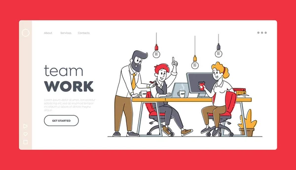 Empresarios Trabajo en equipo Plantilla de Landing Page. Los personajes de negocios trabajan juntos desarrollando ideas creativas, cooperación — Vector de stock