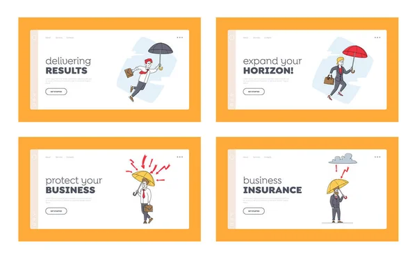 Znaky podnikatelů v sadě šablon stránek Umbrella Landing Page. Finanční ochrana, pojištění, štít před krizí — Stockový vektor