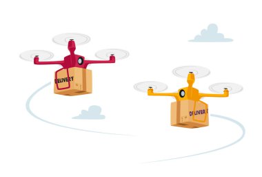 Quadcopter Uzaktan Nakliye, İş Hava Taşımacılığı. Mal Sevkiyatı Konsepti. Dronlar Taşıma Kutuları