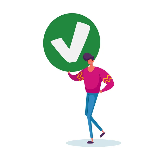 Affärsman Håll Sign med Green Check Mark, Ja Symbol, Man Karaktär Godkänn med Social opinion, Godkännande, Omröstning — Stock vektor