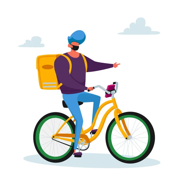Carattere corriere Fornire prodotti alimentari al cliente in bicicletta. Servizio di consegna espresso durante la pandemia di Coronavirus — Vettoriale Stock
