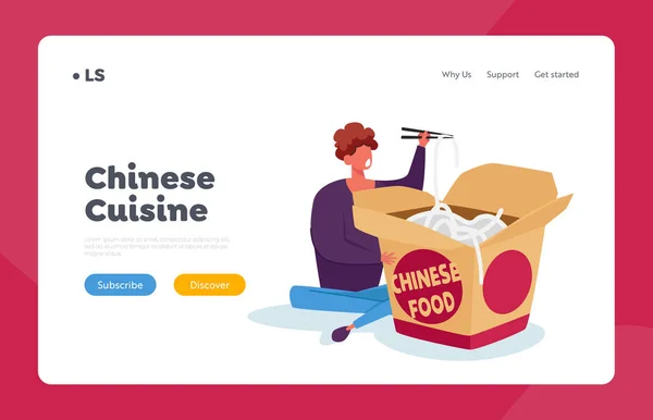 Asiatisches Fastfood, Lunch Meal Landing Page Template. Kleiner Mann mit Holzstäbchen in chinesischem Fast-Food-Restaurant — Stockvektor