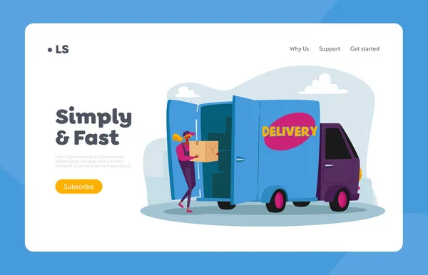 Poczta, przesyłka Przesyłka Transport Service Landing Page Template. Kurier Kobieta znaków Ładowanie paczki Box w samochodzie ciężarowym — Wektor stockowy