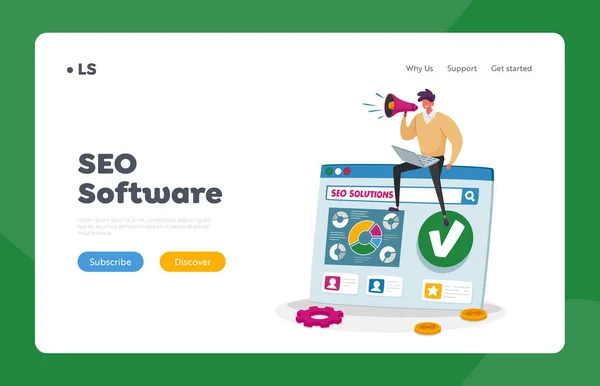 Seo, Optimización de motores de búsqueda, Análisis de datos empresariales Plantilla de landing page. Hombre personaje sentarse en PC con megáfono — Archivo Imágenes Vectoriales