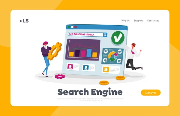 Seo, Ottimizzazione per i motori di ricerca, Analisi Landing Page Template. Strategia di marketing con personaggi minuscoli che analizzano i dati — Vettoriale Stock