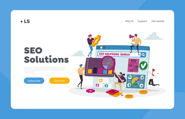 Seo Solutions, Business Data Analysis Landing Page Template. Kleine Schriftzeichen Research Marketing Strategy, Finanzdaten — Stockvektor