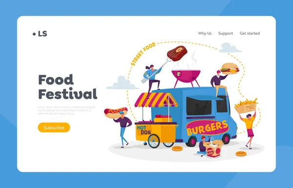 Charaktere kaufen Street Food Landing Page Template. Winzige Leute mit riesigem Fastfood-Burger, Hot Dog und Wok-Nudeln — Stockvektor