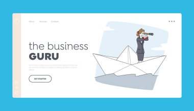 Kâğıt Gemisi İniş Şablonunda Yüzen İş Kadını. Spyglass 'a Bakan Kadın Karakter Denizdeki Teknede Yelken Açıyor