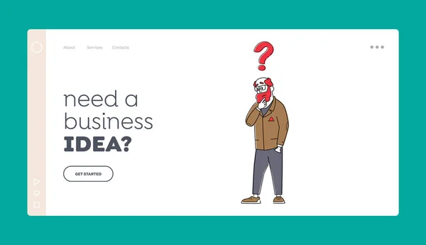 FAQ Service, Idea Landing Page Template. Вдумчивый бизнесмен стоит с вопросительным знаком над головой. Сплошное решение — стоковый вектор