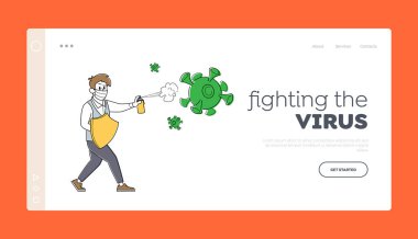 Coronavirus Pandemik Koruma, Dezenfekte İniş Sayfası Şablonu. Sağlık Maskeli İşadamı Virüs Hücreleriyle Savaşıyor