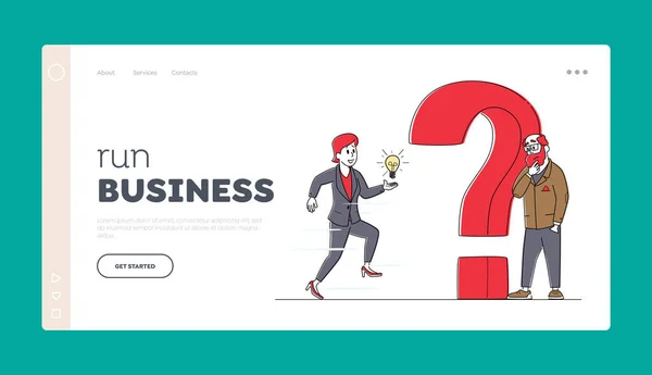 Dubbi e confusione Landing Page Template. Personaggi aziendali che pensano sotto enorme punto interrogativo, ricerca di una soluzione — Vettoriale Stock