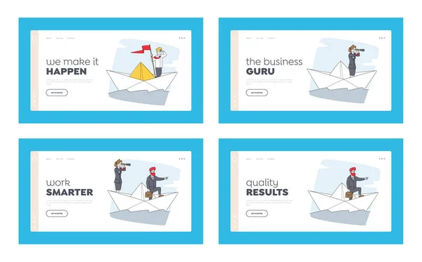 Business People Riding Ship in Sea Landing Page Template Set. Des hommes d'affaires à bord d'un bateau en papier. Personnages Voile — Image vectorielle