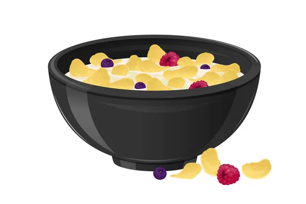 Desayuno con Cereales, Bayas y Leche en Cuenco de Cerámica Realista Negro, Comida Saludable, Fuente Láctea del Concepto de Calcio — Vector de stock