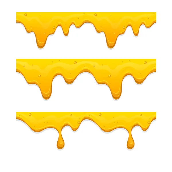 Conjunto de gotas de mel sem costura realistas isoladas em fundo branco. Salpicos amarelos líquidos, gotejamentos brilhantes —  Vetores de Stock