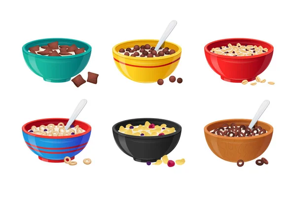 Set Ceramic Bowls com cereais Café da manhã, Leite, Chocolate e Bagas. Conceito de alimentação saudável. Placas coloridas realistas — Vetor de Stock