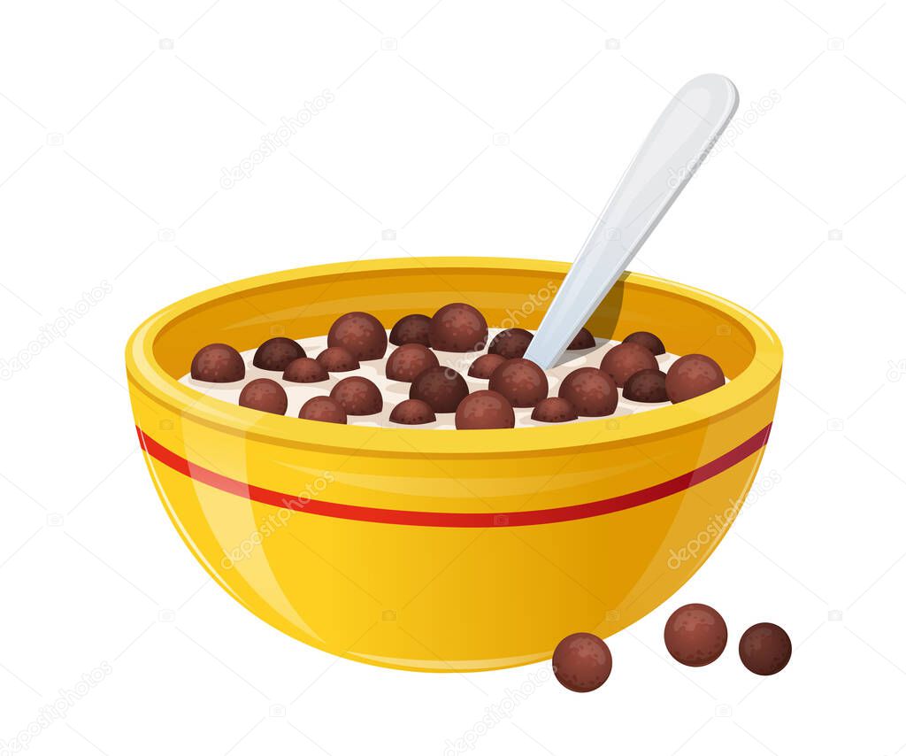 Cereals Breakfast with Milk in Ceramic Bowl Concept. Realistic Yellow Soup Plate with Red Stripe and Spoon Full of White Liquid and Crunchy Balls. Healthy Food, Dairy Drink. 3d Vector Illustration