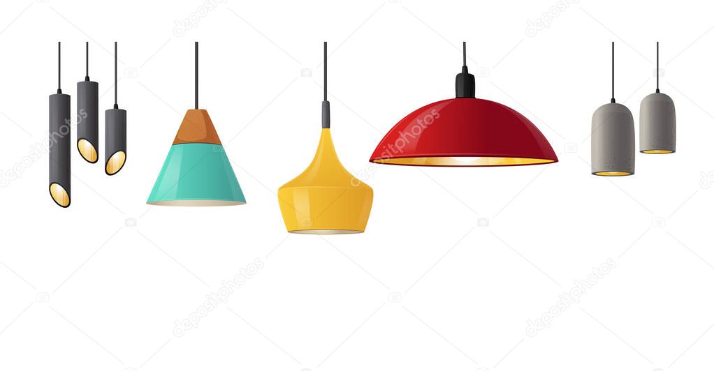 Set of Realistic Hanging Lamps with Stylish Bizarre Lampshades. Modern Chandeliers with Light Bulb, Lamps with Shades