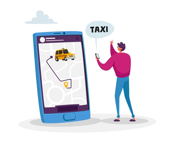 Piccolo Maschio Carattere Cliente Ordina Taxi tramite Smartphone App con mappa. Giovane uomo che utilizza l'applicazione per ordinare taxi — Vettoriale Stock