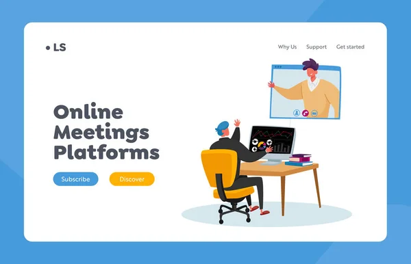Business Characters Online Meeting Landing Page Template. Büroangestellte sitzen am Schreibtisch und chatten mit Kollegen per Webcam — Stockvektor