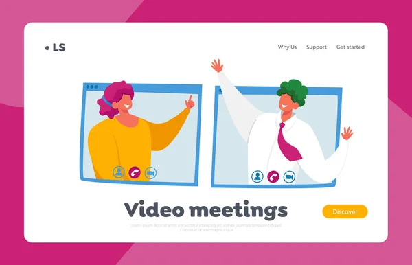 Webcam op Conference Landing Page Template. Online Briefing, Zakelijke Karakters, Kantoormedewerkers spreken op Video Call — Stockvector