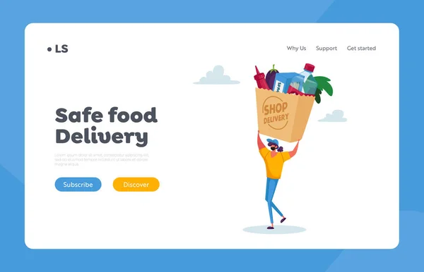 Plantilla de Landing Page de entrega de comida segura. Pequeño mensajero personaje femenino en máscara llevar bolsa enorme con la producción de comestibles — Archivo Imágenes Vectoriales