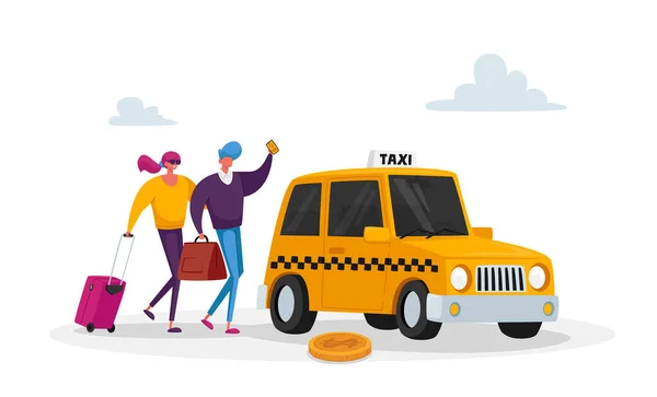 Mladý pár postav čeká taxi auto na ulici. Doprava Služba, Osobní doprava, Destinace. Žlutý taxík — Stockový vektor