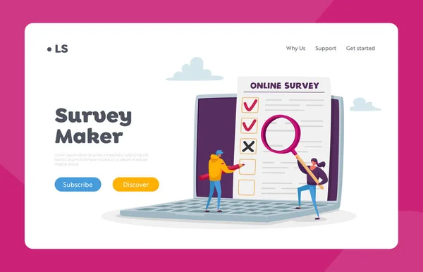 Online-Umfrage, Kundenfeedback, Service Rate, Voting Landing Page Template. Winzige Schriftzeichen mit Bleistift und Lupe — Stockvektor