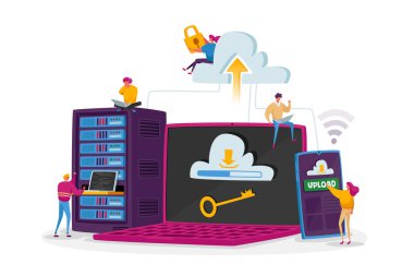 Dev Laptop, telefon ve sunucu ekipmanındaki küçük karakterler. Web Ev Sahipliği Konsepti. Web Programlama, Geliştirme