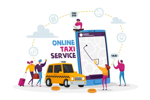 Znaky Objednat Taxi Auto Použití Aplikace a Catching na Street.Taxi Service. Řidič ve žluté kabině Čekající cestující — Stockový vektor