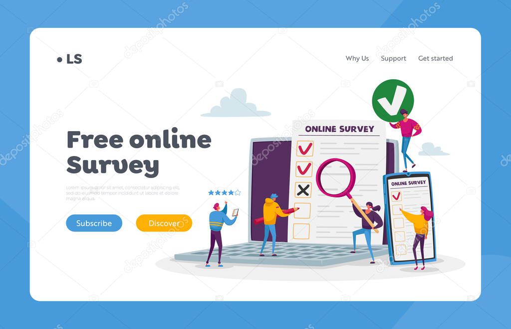 Online Survey Landing Page Template. Tiny Characters Filling Digital Form on Huge Laptop and Smartphone Application