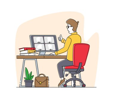 İş anlaşması. Uzaktan Meslektaşlarla Çevrimiçi Bilgilendirme, İşçi Webcam Konferansında Çalışan Konuşması
