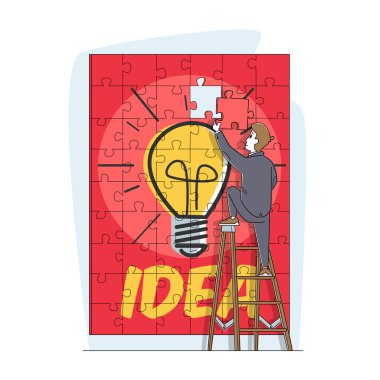 Görev Çözümü ve Problem Çözme Konsepti. İş Adamı Karakteri Büyük Bulmaca Parçalarını Ampul ve Fikir Parçalarıyla Birleştir