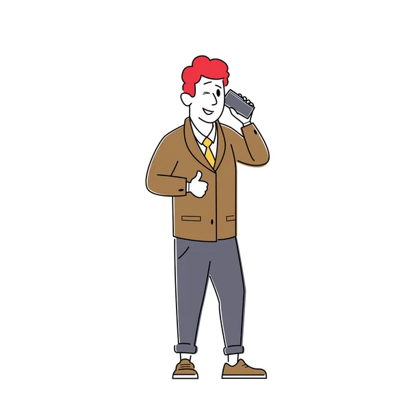 Good Looking Adult Man, Office Worker або Business Character Wears Fashioned Formal Suit Speaking by Smartphone — стоковий вектор