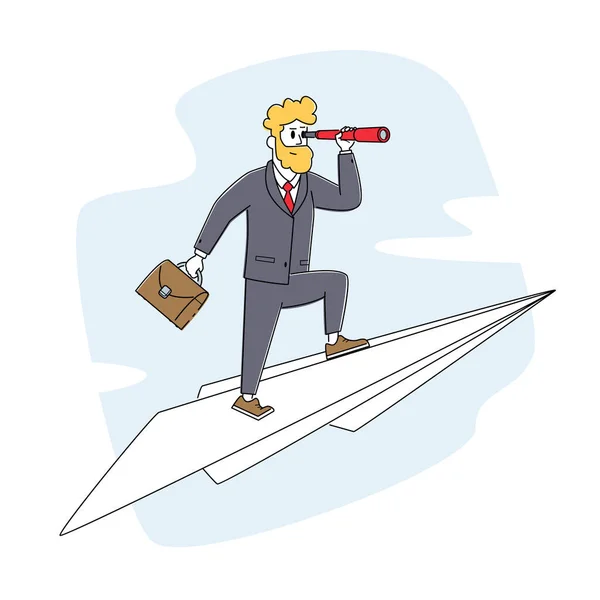 New Successful Project, Business Vision, Creative Innovation Startup. Business Man Character with Briefcase and Spyglass — Stockvektor