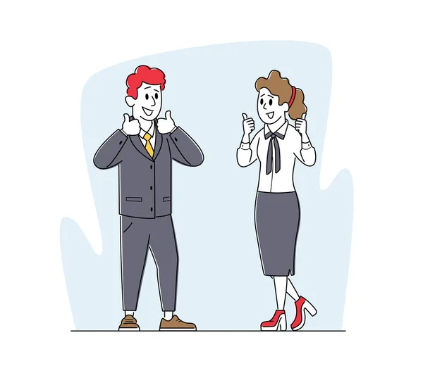 Businesspeople Characters Agreement, Partnership Concept. Satisfied Business Partners Man and Woman Show Thumb Up — Vector de stock