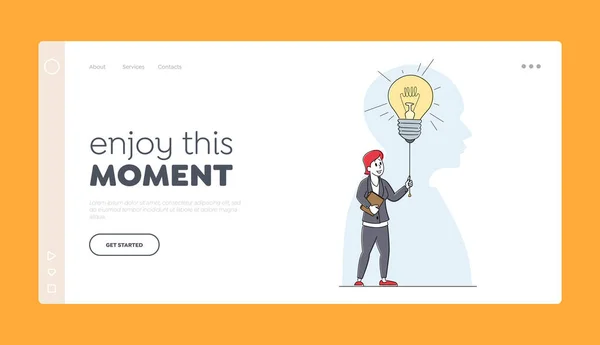 Business Vision, Educational Insight Landing Page Template. Female Character with Folder Switching On Huge Light Bulb — Stockvektor
