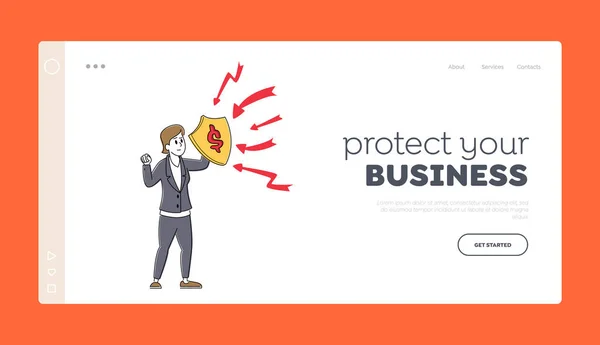 Protezione finanziaria, sicurezza, assicurazione Landing Page Template. Donna d'affari Proteggere da crisi, sicurezza dei soldi, proteggere — Vettoriale Stock