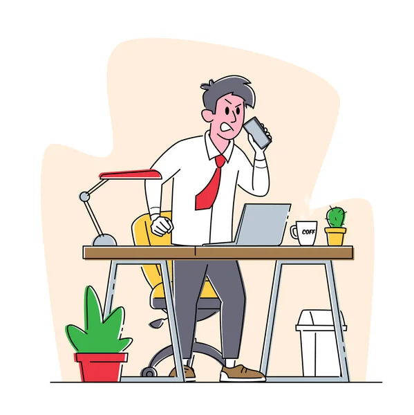 Θυμωμένος Επιχειρηματίας με Κόκκινο Πρόσωπο Μιλώντας από Smartphone στο γραφείο με το γραφείο εργασίας και τον υπολογιστή. Υπάλληλος γραφείου με τηλέφωνο — Διανυσματικό Αρχείο