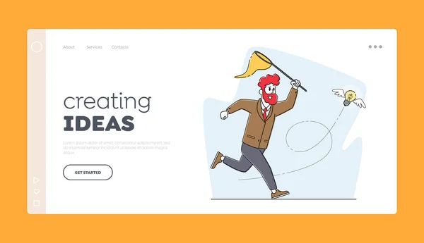 Creative Idea, Financial Success, Opportunity Wealth Landing Page Template. Businessman Chasing Flying Light Bulb — Archivo Imágenes Vectoriales