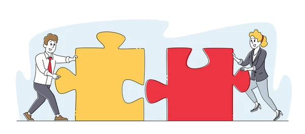 Office Characters Work Together Assemble Huge Colorful Separated Puzzle Pieces. Businesspeople in Teamwork Cooperation — Stockvektor