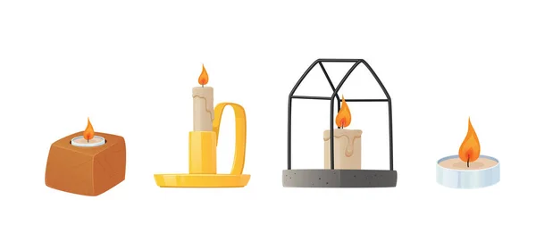 Set bougies dans différents chandeliers isolés sur fond blanc. Bougies aromatiques brûlantes pour spa, vacances, éléments — Image vectorielle