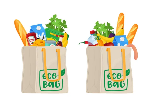 Comida em sacos de compras Eco, mercearia isolada em fundo branco. Legumes de produção diferentes, pão ou latas com leite —  Vetores de Stock