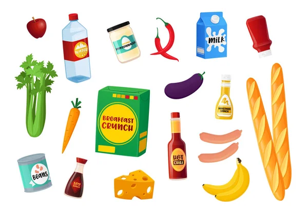 Set of Food Icons, Different Grocery Production Vegetables, Bread and Tin Cans with Packages, Sausages, Greenery or Milk — 스톡 벡터