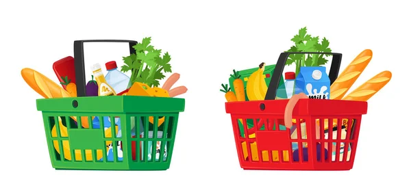 在白色背景下隔离的食品篮。满载不同生产蔬菜或奶类的购物车 — 图库矢量图片