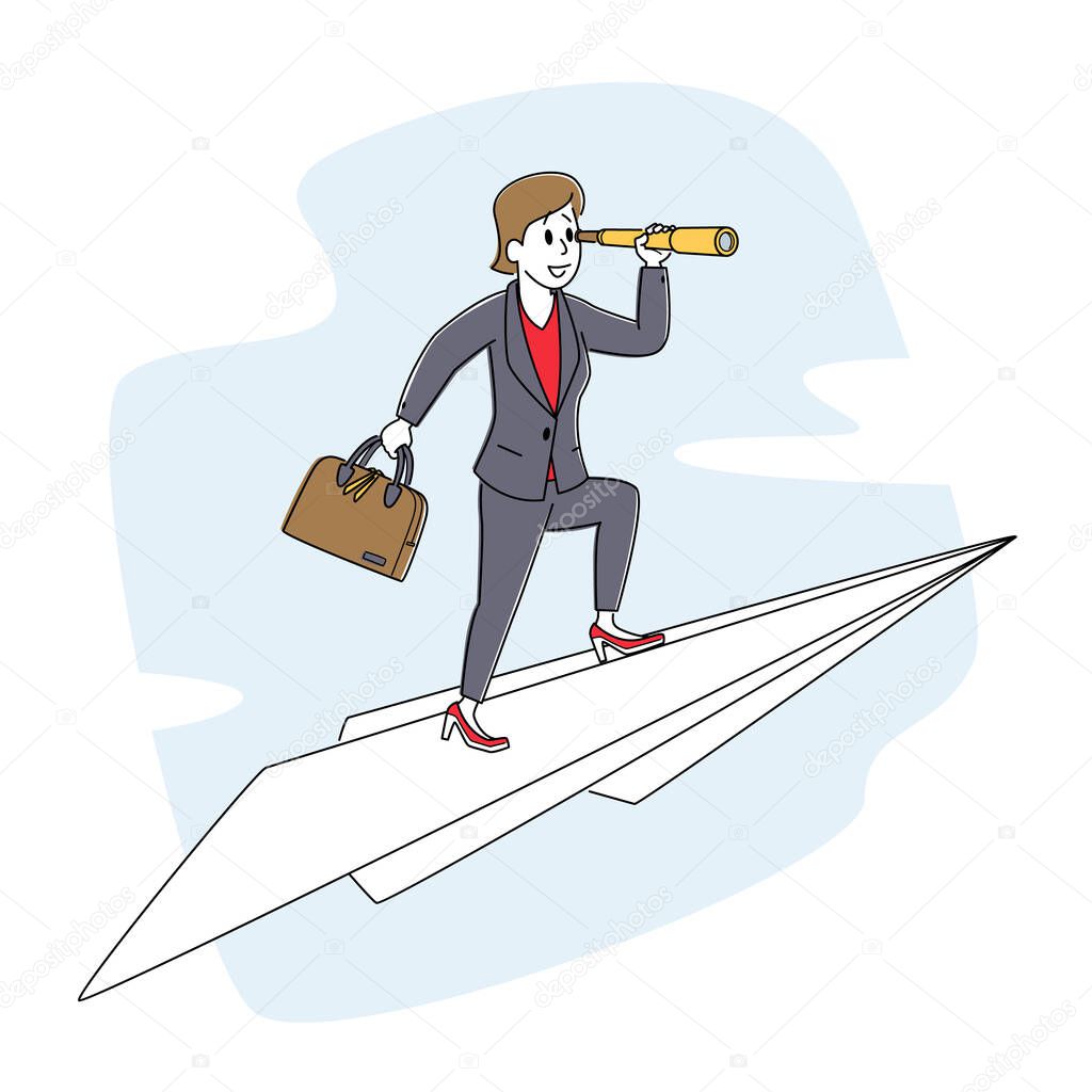 Business Woman Character with Briefcase and Spyglass Fly on Paper Airplane. Successful Project Creative Business Startup